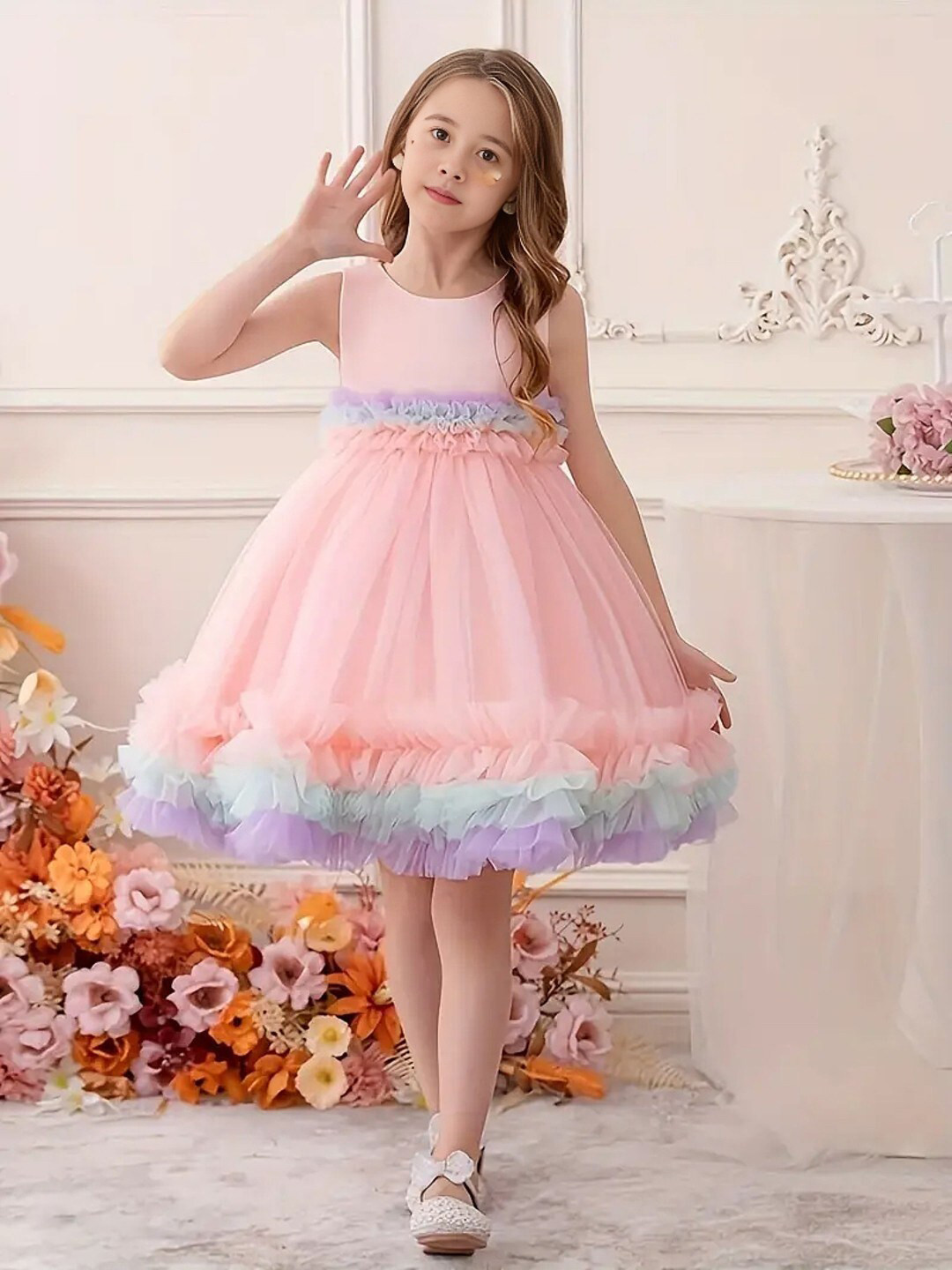 BAESD Girls Ruffled Net Fit & Flare Dress