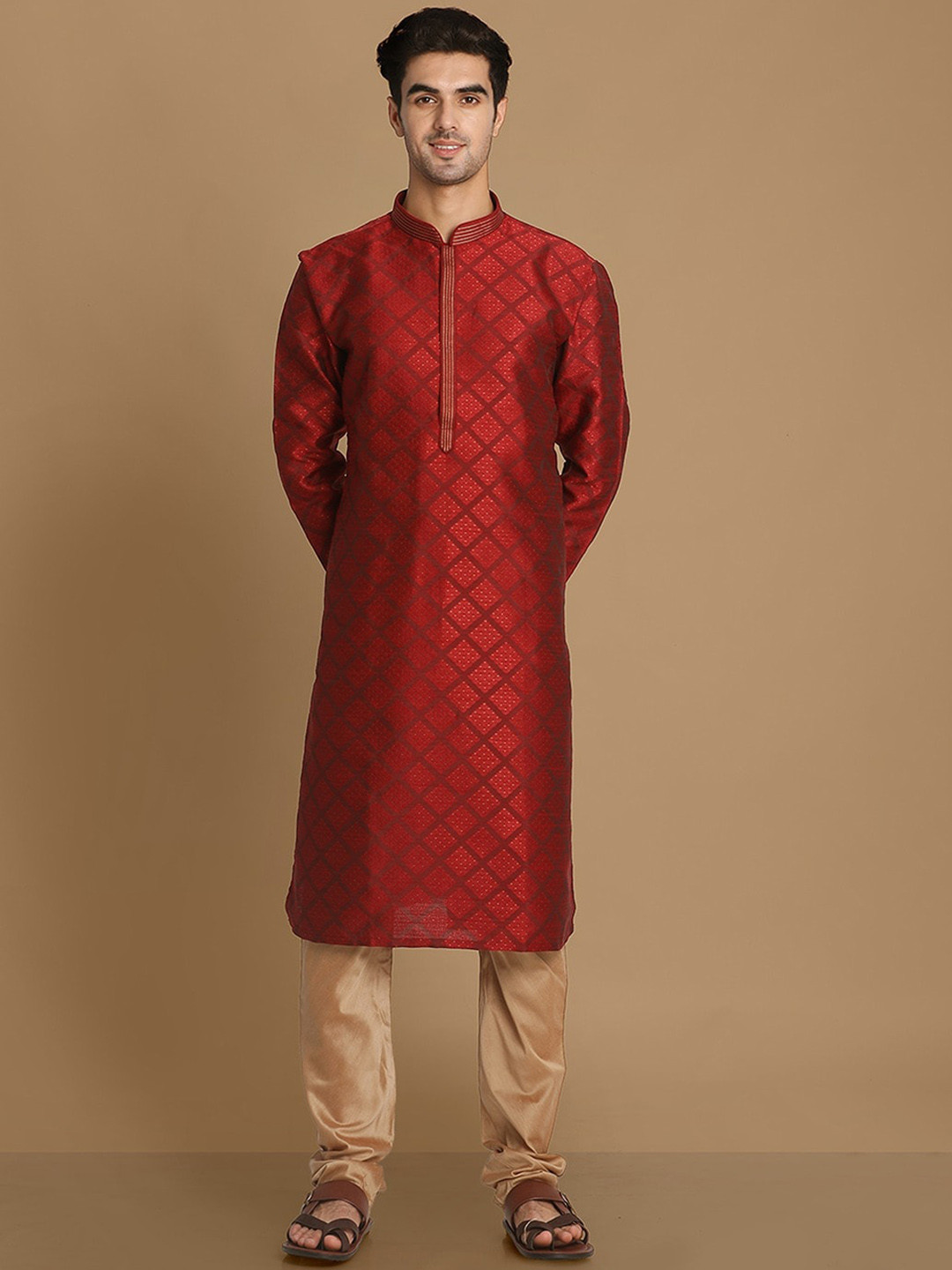 Manyavar Geometric Woven Design Art Silk Jacquard  Straight Kurta With Churidar
