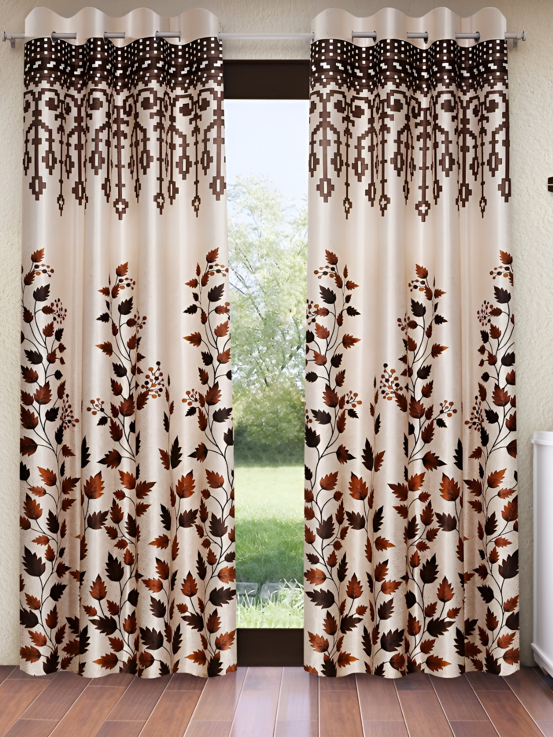 Home Sizzler Brown & Beige  2 Pieces Floral Window Curtains