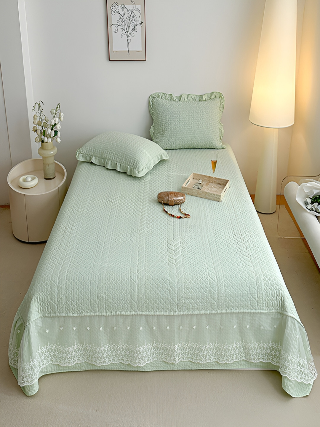 JC HOME Grey & White Quilted 162TC Double King Bed Cover With 2 Pillow Covers