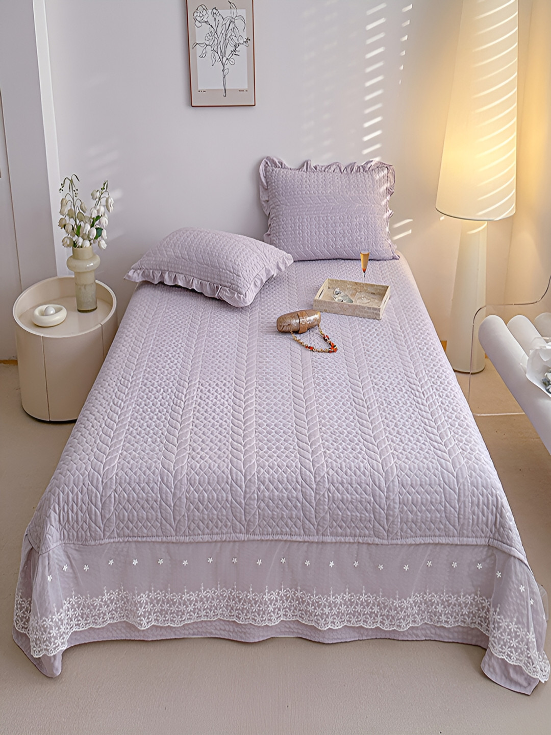 JC HOME Purple & White Quilted 162TC Double King Bed Cover With 2 Pillow Covers