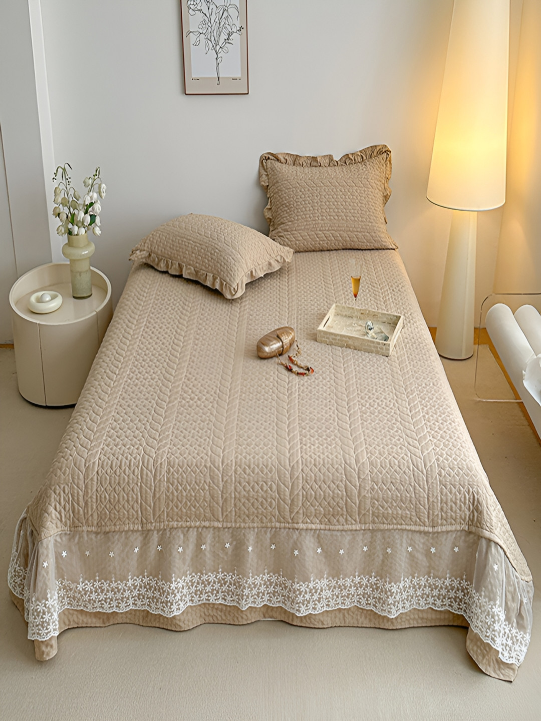 JC HOME Khaki Quilted 162TC Double King Bed Cover With 2 Pillow Covers