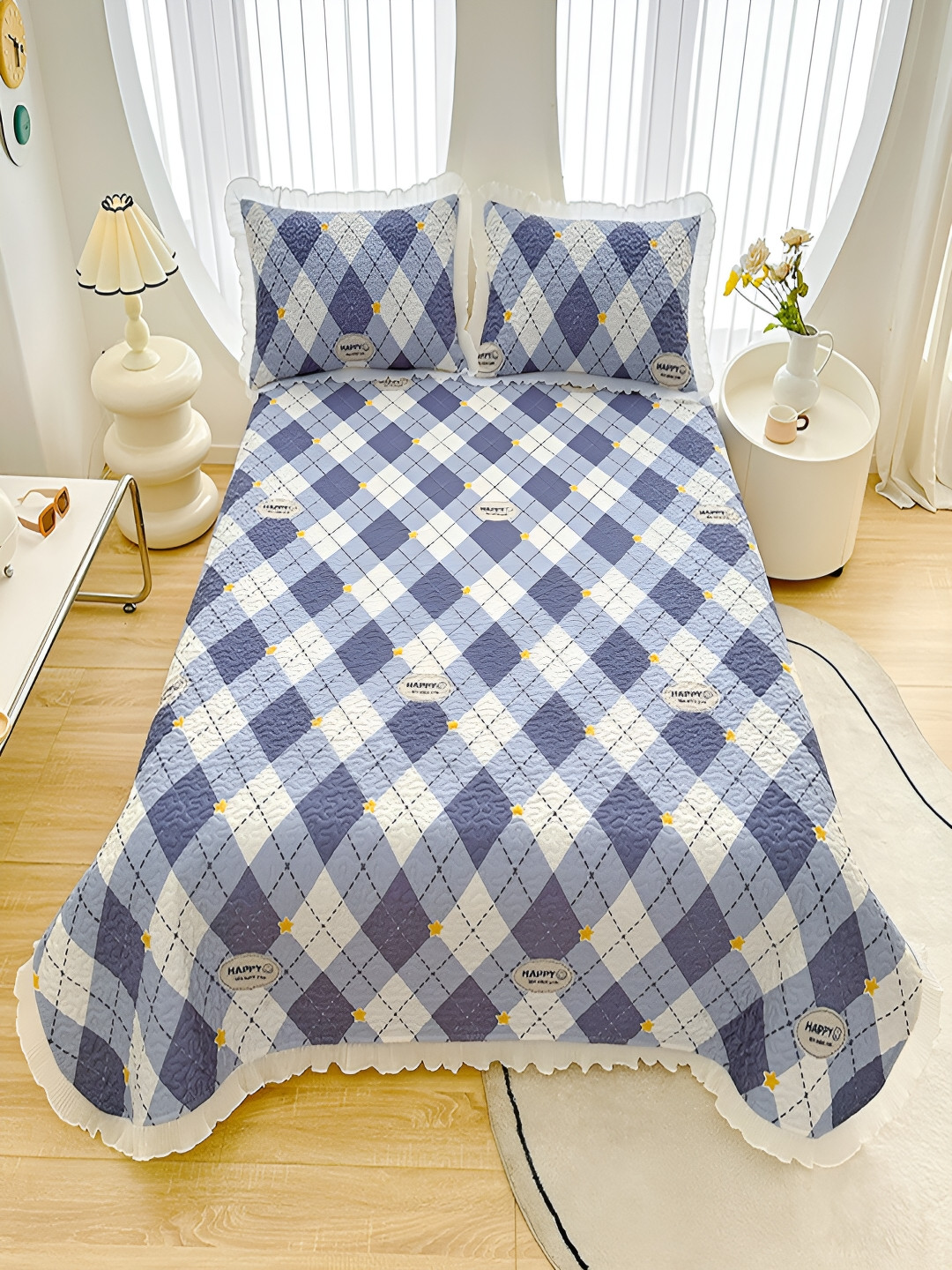 JC HOME Blue & White Printed 128TC Double Queen Bed Cover With 2 Pillow Covers