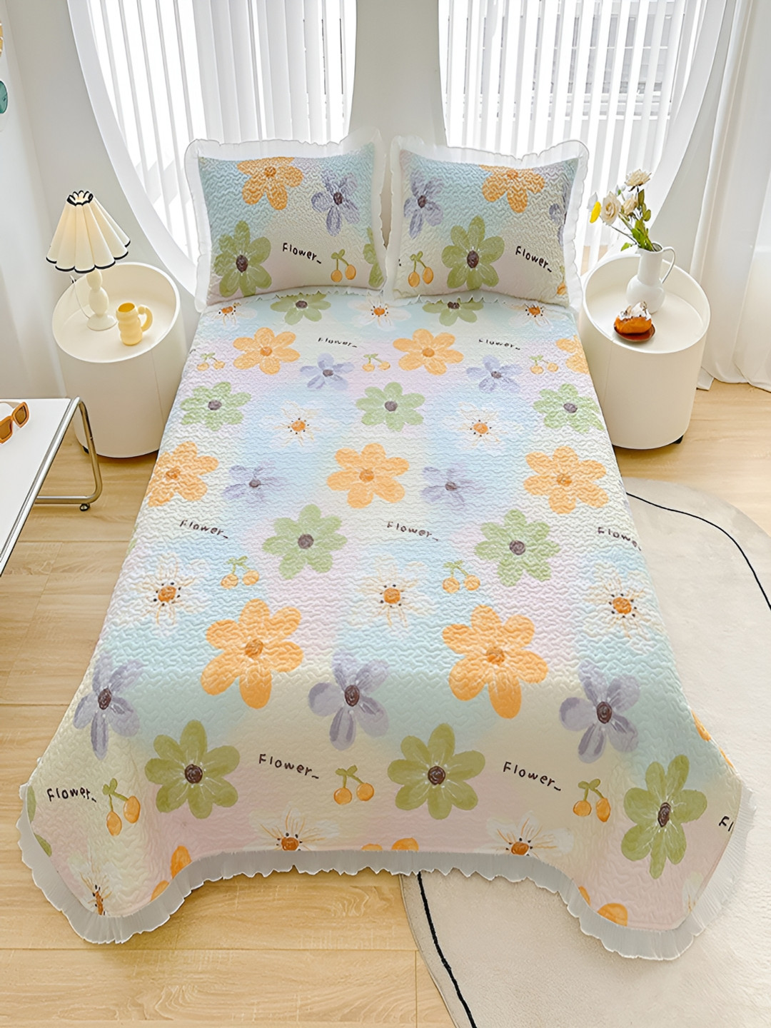JC HOME Blue & Orange Floral 128 TC Double Queen Bed Cover With 2 Pillow Covers