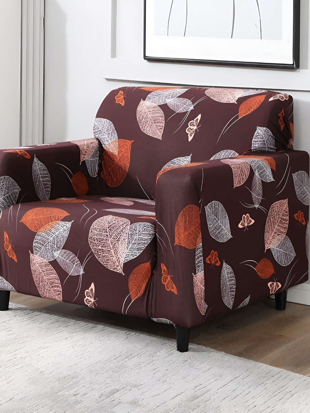 B BESTILO Brown & White Printed Sofa Cover With Arms