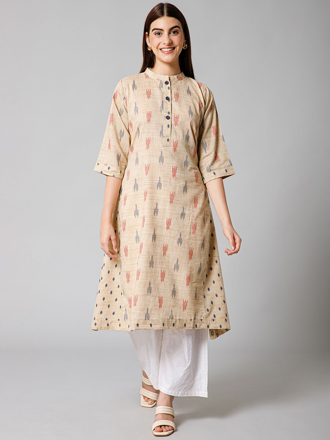 all about you Ethnic Motifs Printed Mandarin Collar Three-Quarter Sleeves A-Line Kurta