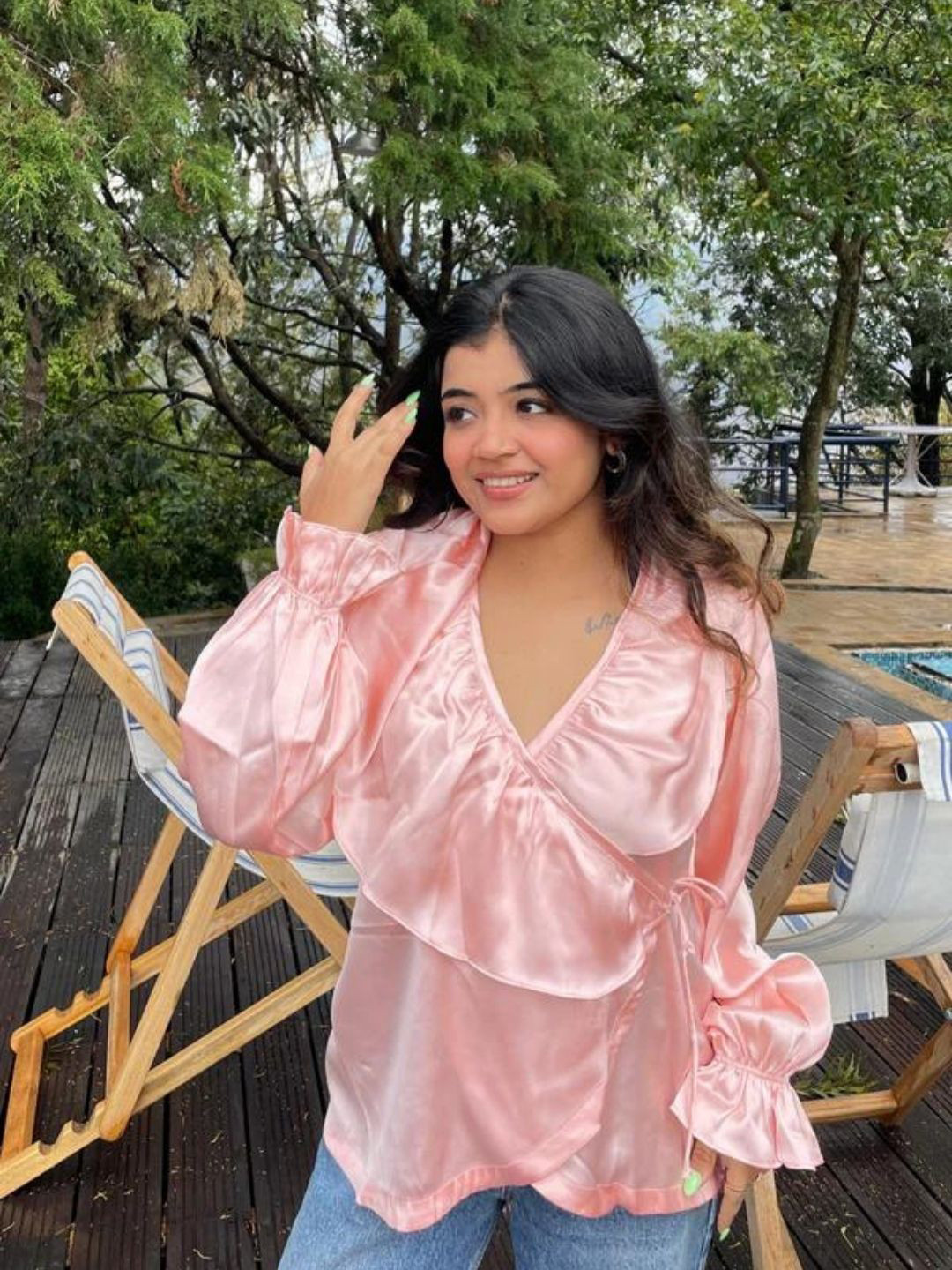 HEY MISSY Satin Cuffed Sleeves Warp Top