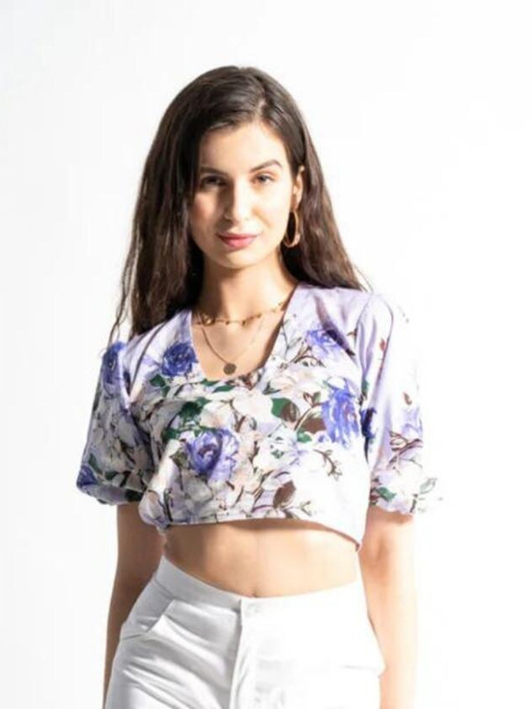 HEY MISSY Floral Printed Square Neck Puff Sleeves Cotton Boxy Crop Top
