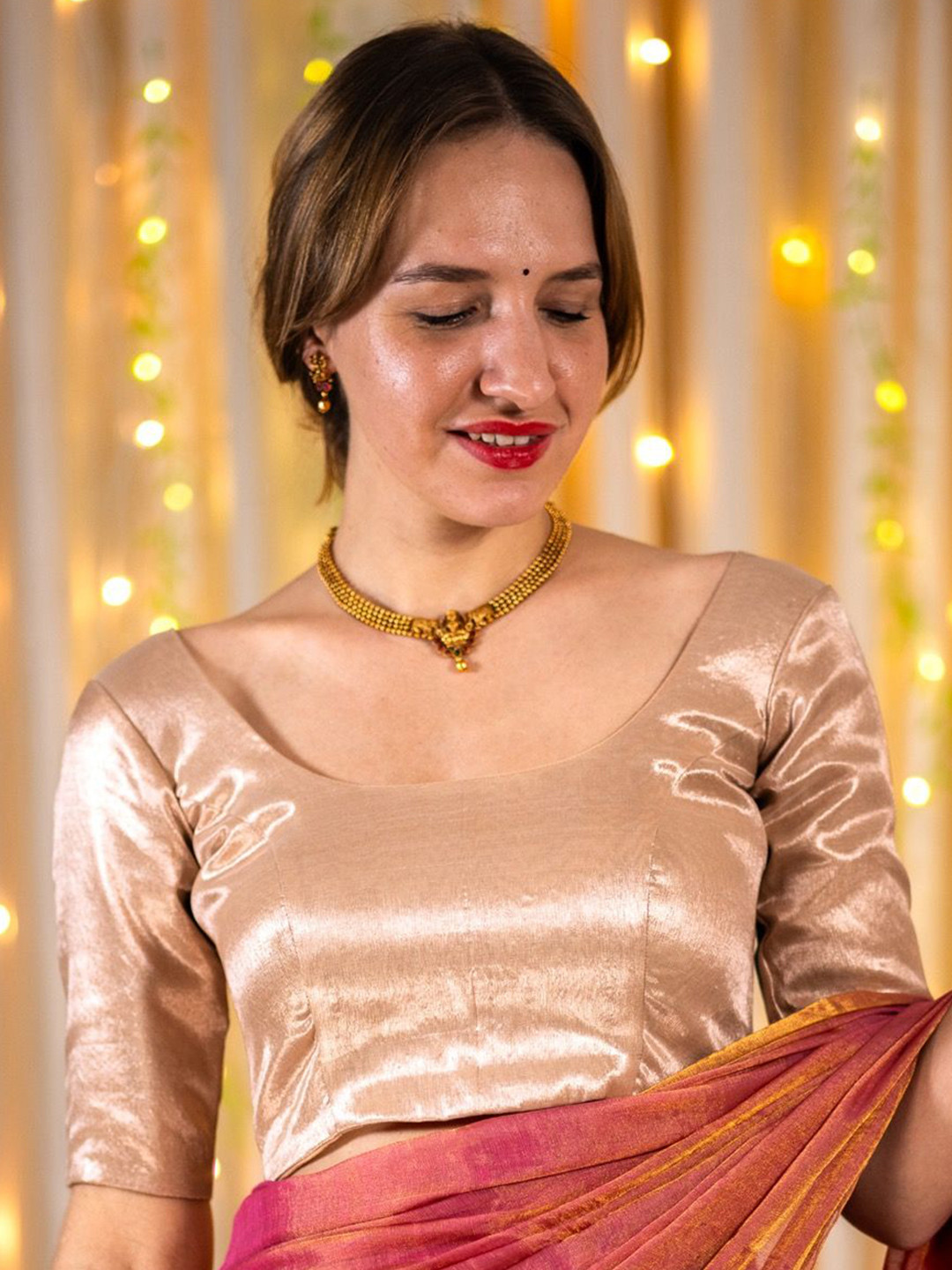 I LOVE SAREES Short Sleeves Silk Tissue Padded Saree Blouse