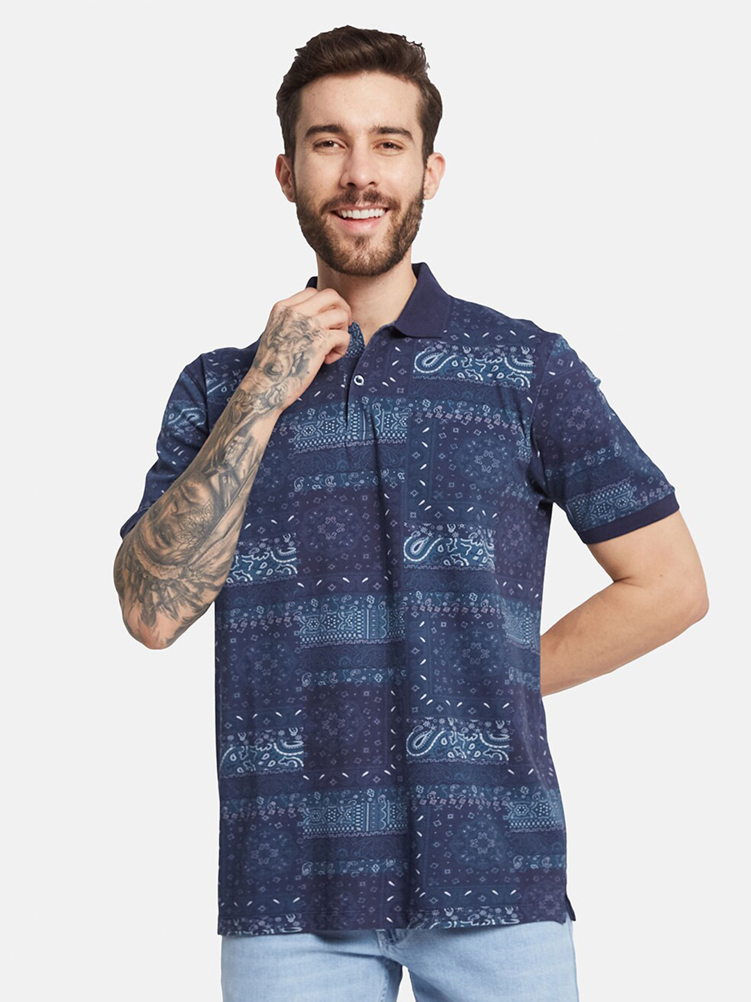 Octave Polo Collar Short Sleeves Ethnic Printed Regular Fit Cotton T-shirt