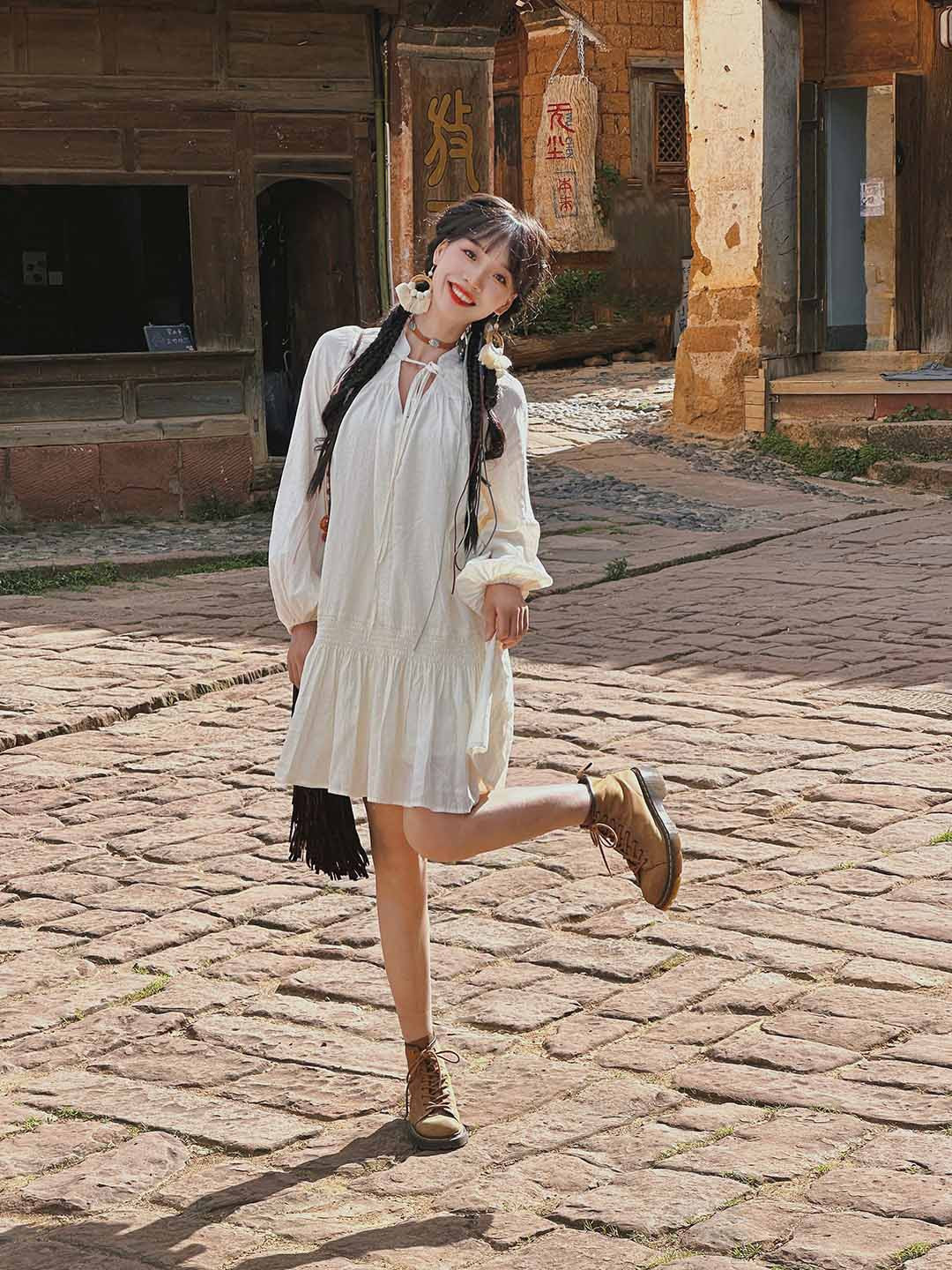 JC Mode Tie-Up Neck Cuffed Sleeves Cotton A-Line Dress