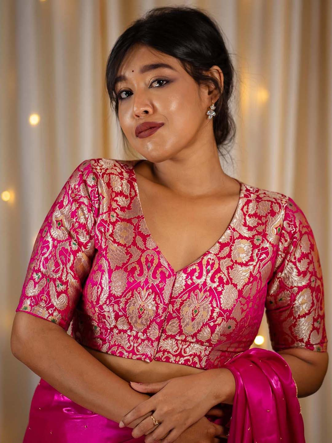 I LOVE SAREES Woven Design V-Neck Brocade Banarasi Saree Blouse