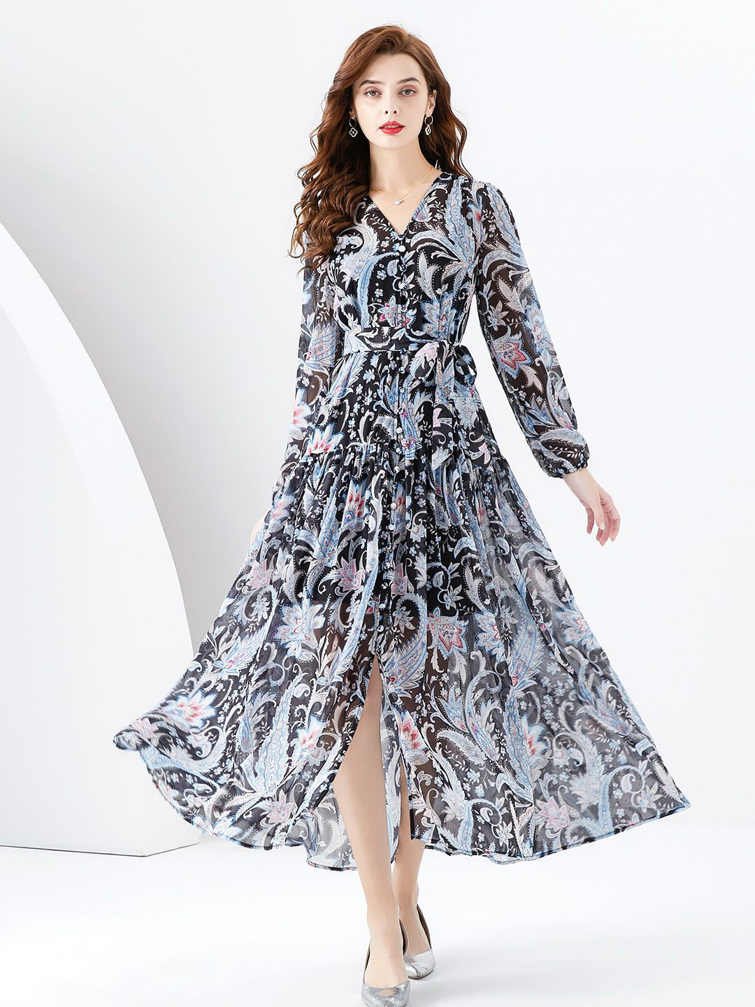 JC Collection Floral Printed V-Neck Shirt Fit and Flare Midi Dress