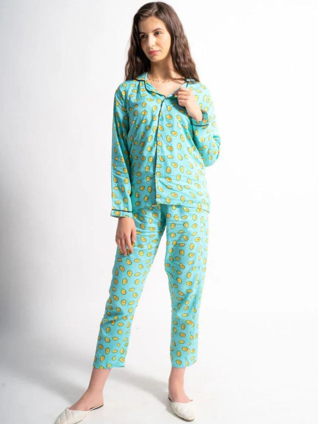 HEY MISSY Conversational Printed Lapel Collar Long Sleeves Night suit