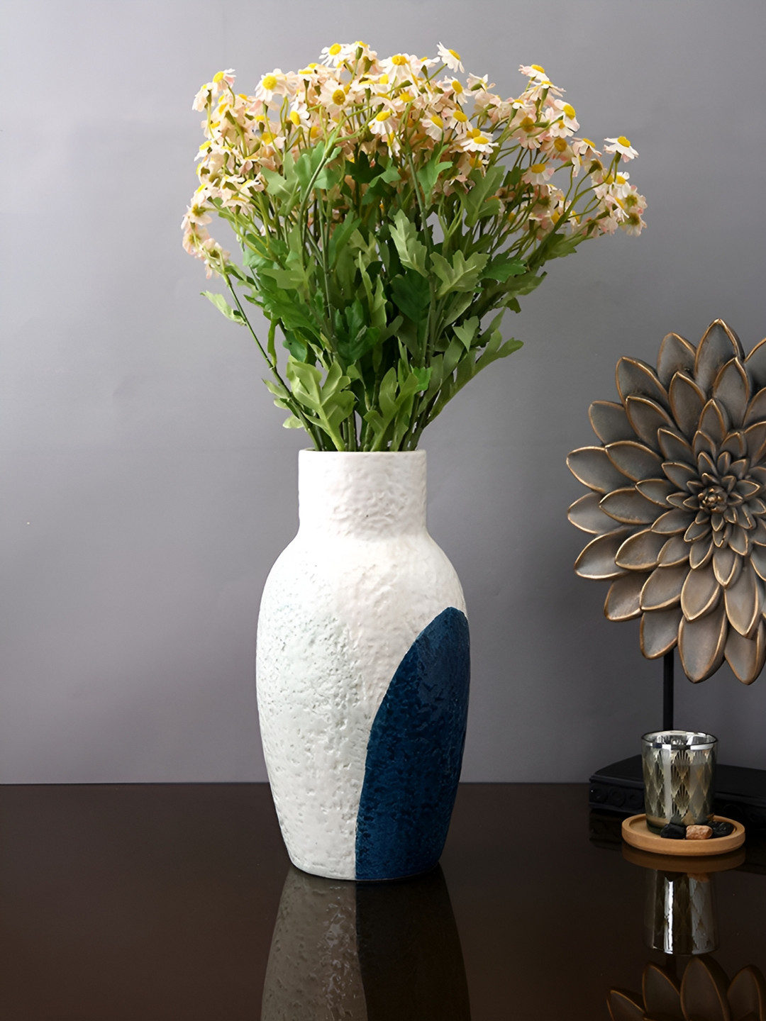Aura White and Teal Corrugated Pear-Shaped Ceramic Vase