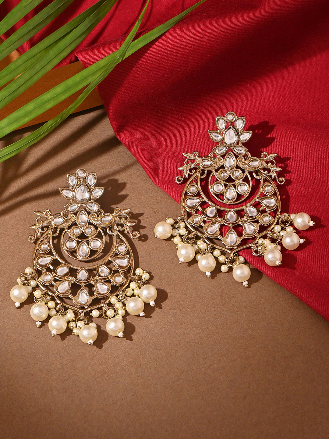 Fida Gold-Plated Artificial Stones and Beads & Pearls Beaded Classic Chandbalis Earrings