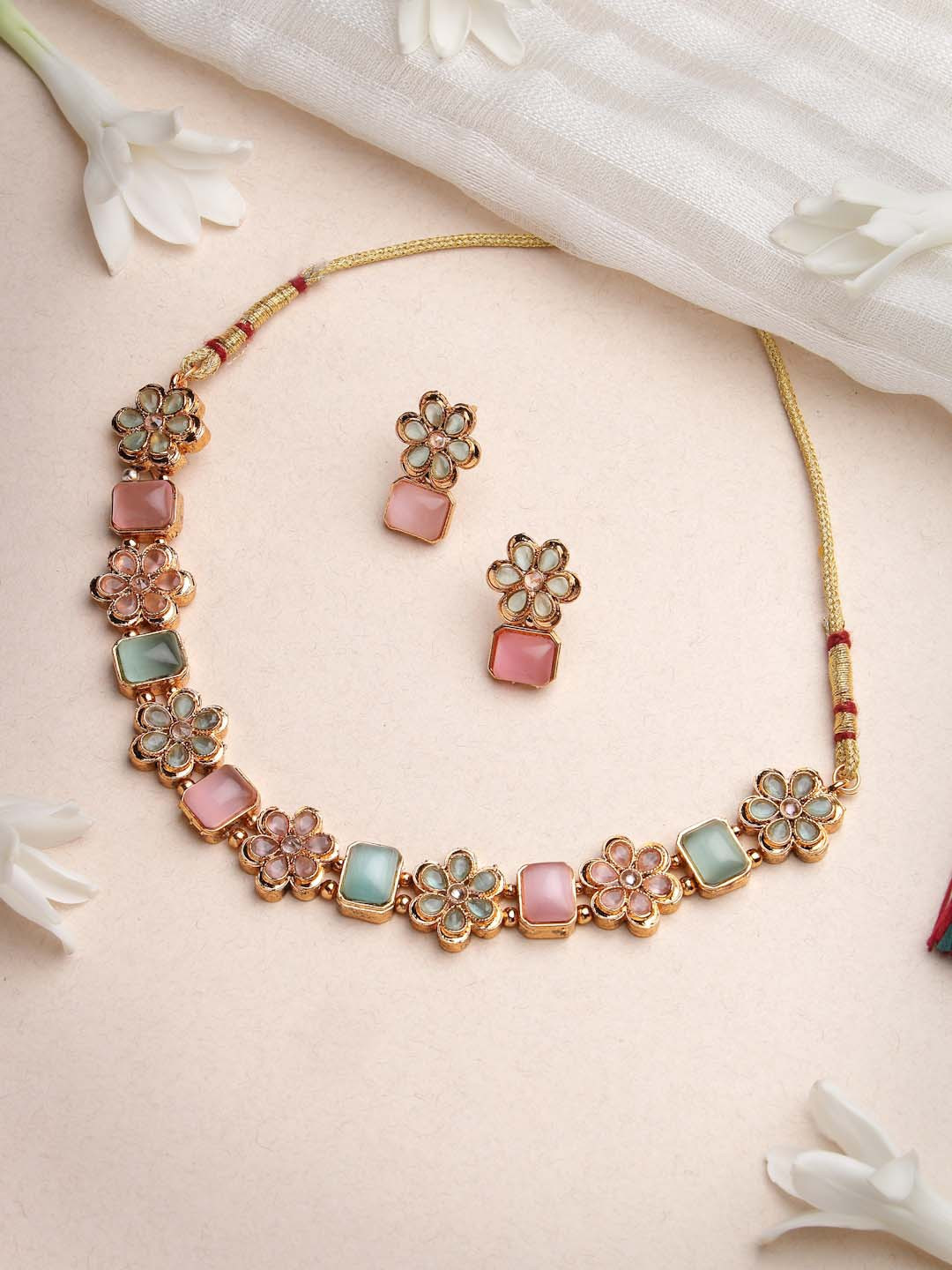 SukkhiGold-Plated Artificial Stones Studded Floral Necklace & Earrings