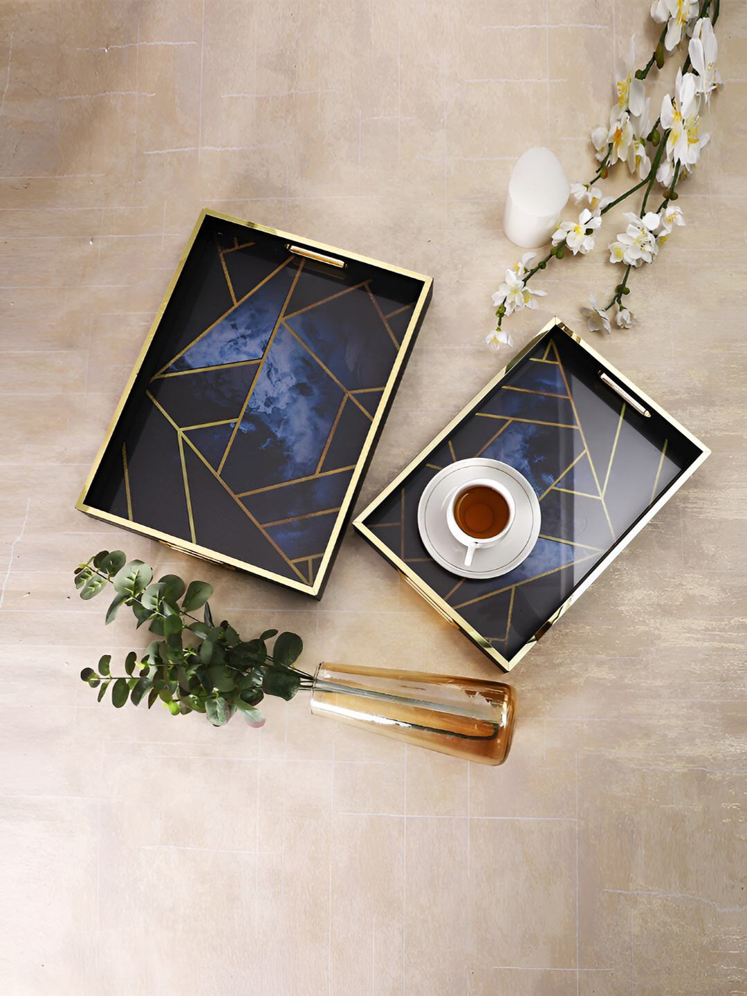 TAYHAA 2-Pcs Blue Geometric Design Serving Trays