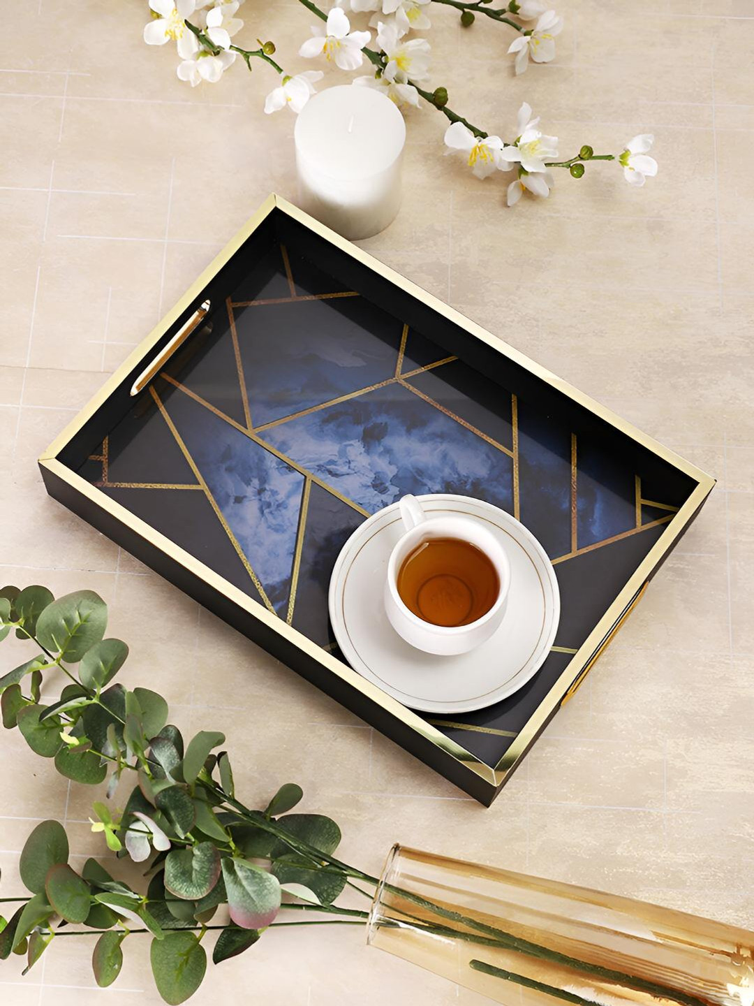TAYHAA Blue Geometric Design Serving Tray
