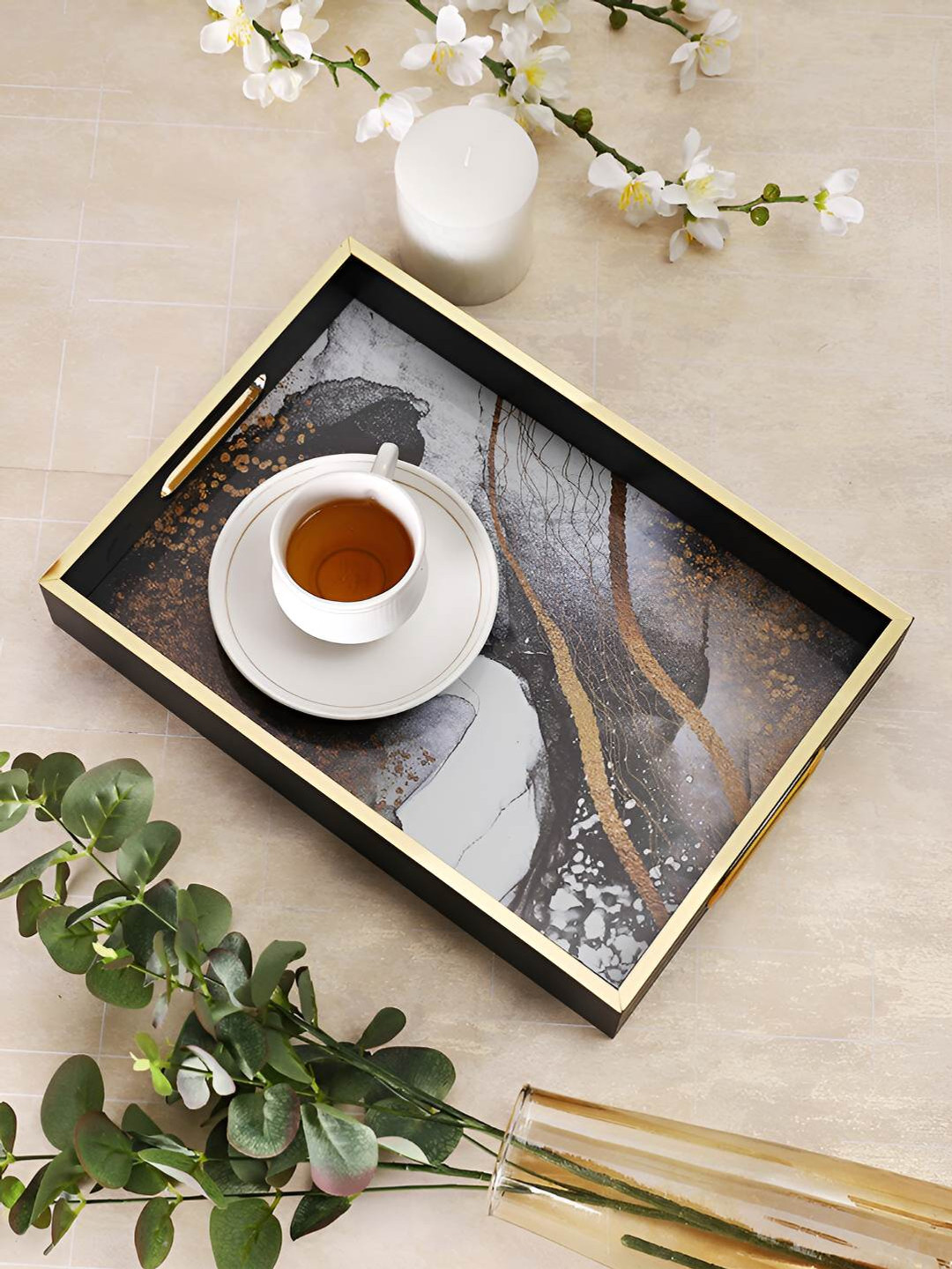TAYHAA Black Printed Wooden Glass Serving Tray