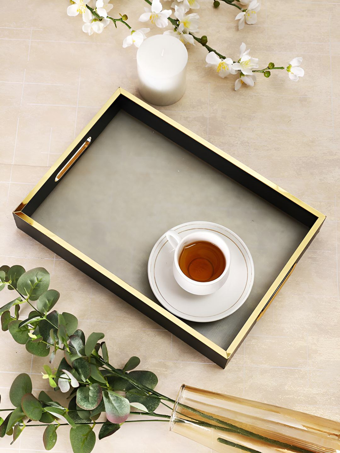 TAYHAA Black & Transparent Glass & Wooden Classy Serving Tray