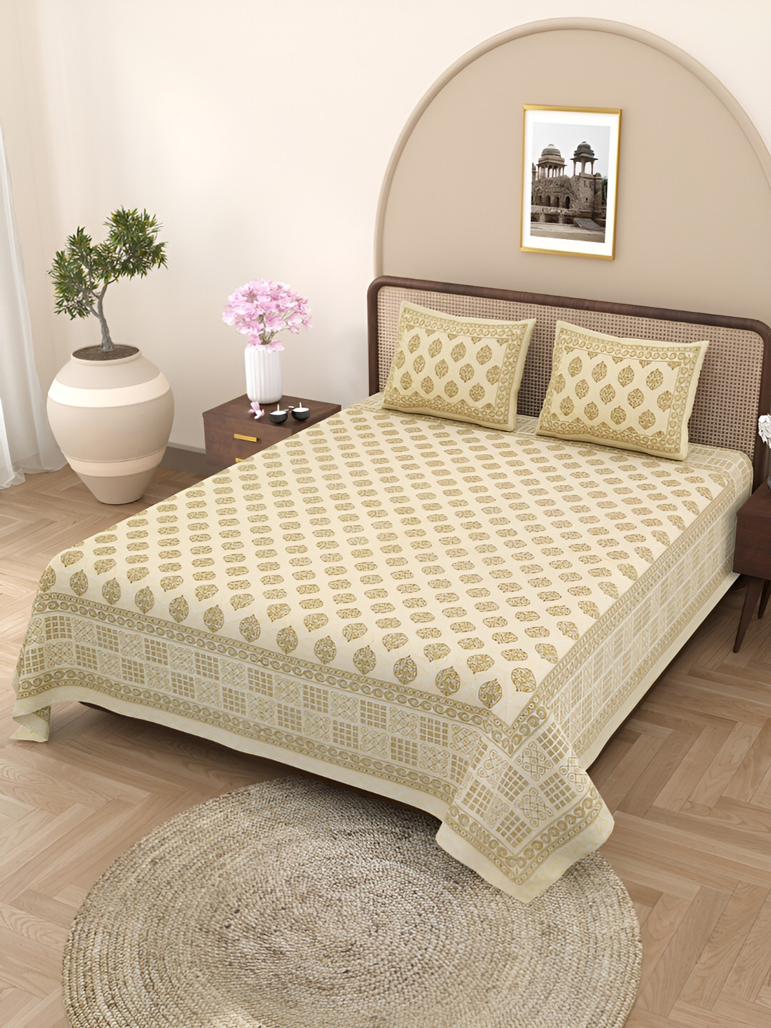 Aura Authentic Jaipuri Yellow Ethnic Motifs Cotton 160 TC King Bedsheet with 2 Pillow Covers-89 x 102 inches