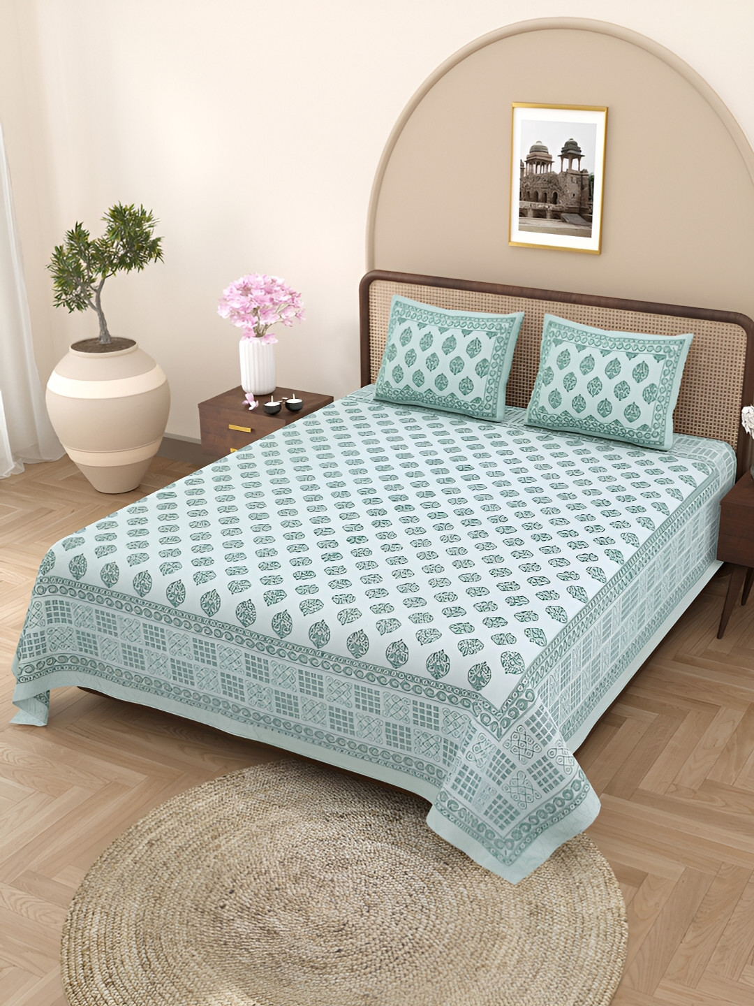 Aura Authentic Jaipuri Green Ethnic Motifs Cotton 160 TC King Bedsheet with 2 Pillow Covers-89 x 102 inches