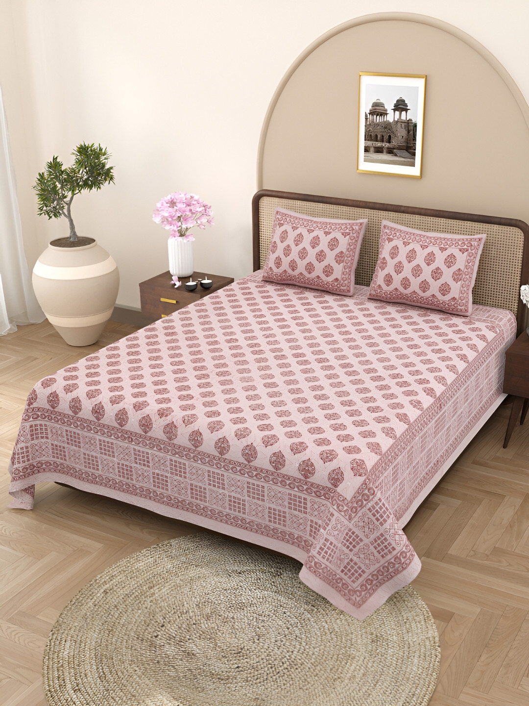 Aura Authentic Jaipuri Pink Ethnic Motifs Cotton 160 TC King Fine Bedsheet with 2 Pillow Covers-89 x 102 inches