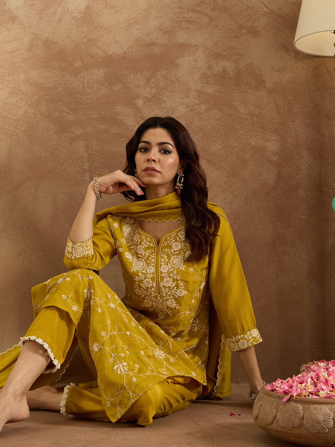 Indo Era Floral Embroidered Sequinned Kurta With Trousers & Dupatta
