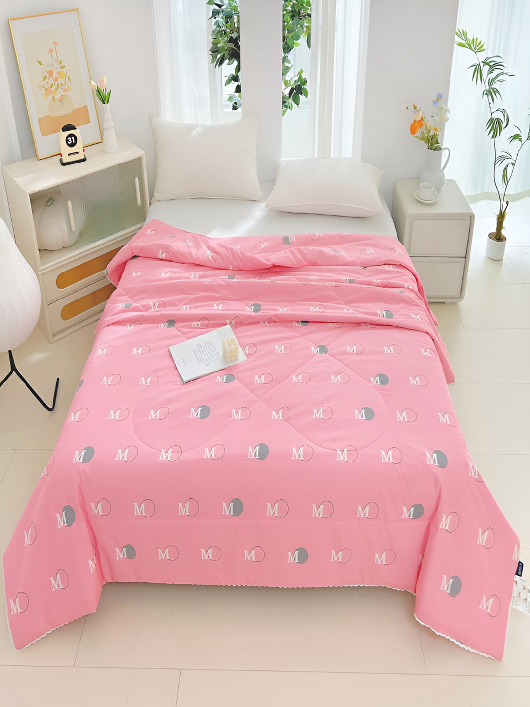 JC HOME Pink & White Typography Printed AC Room 350 GSM Pure Cotton Double Bed Quilt