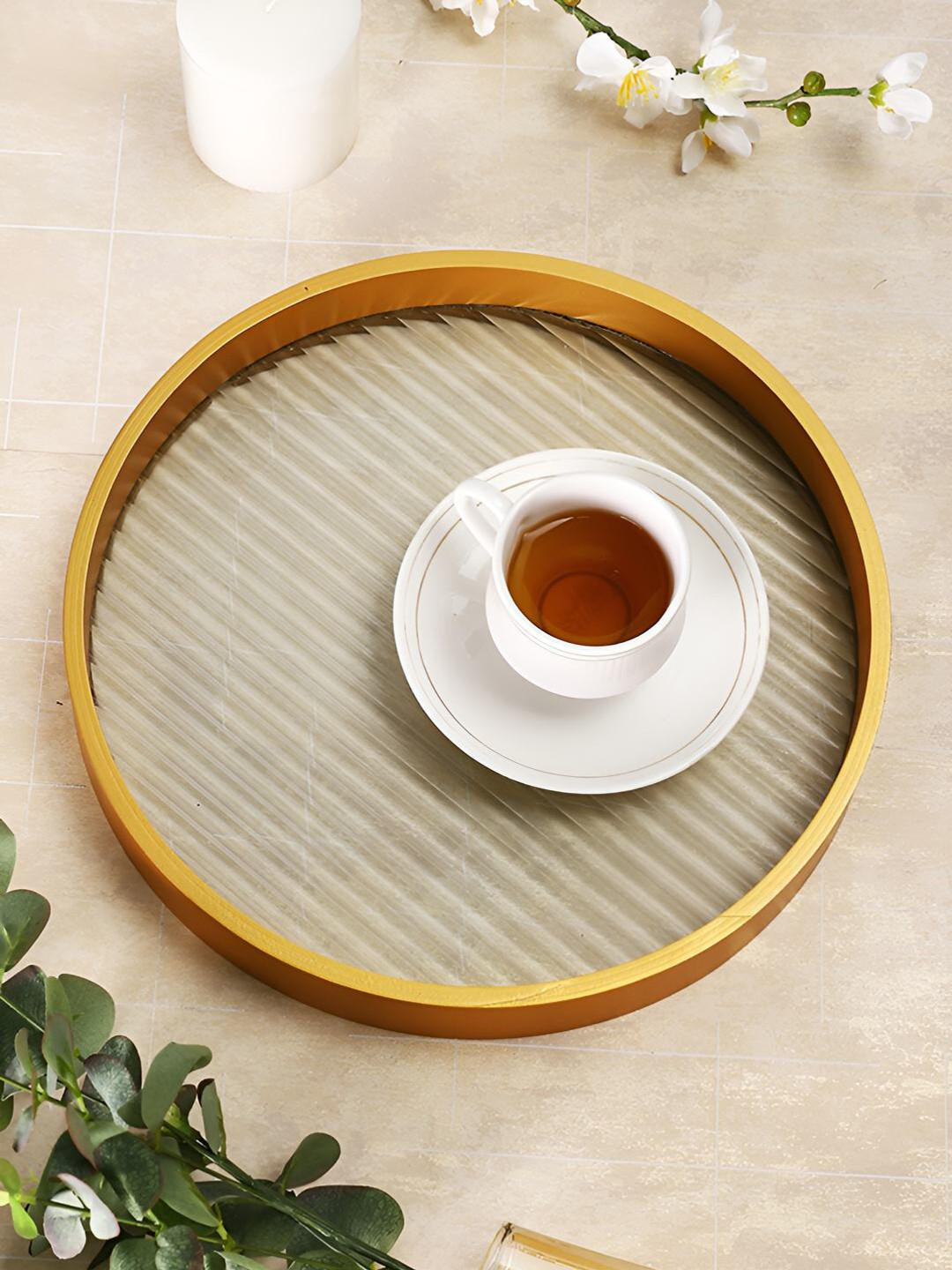 TAYHAA Transparent & Yellow Circular Shaped Serving Tray