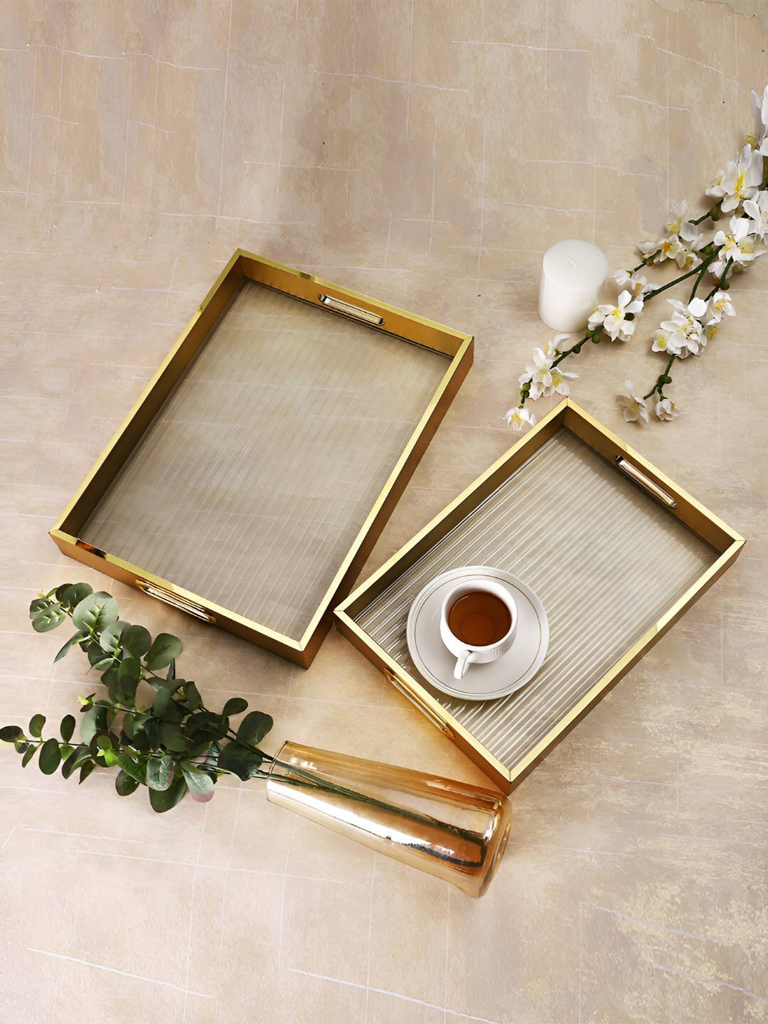 TAYHAA Set Of 2 Transparent Wooden Glass Serving Tray