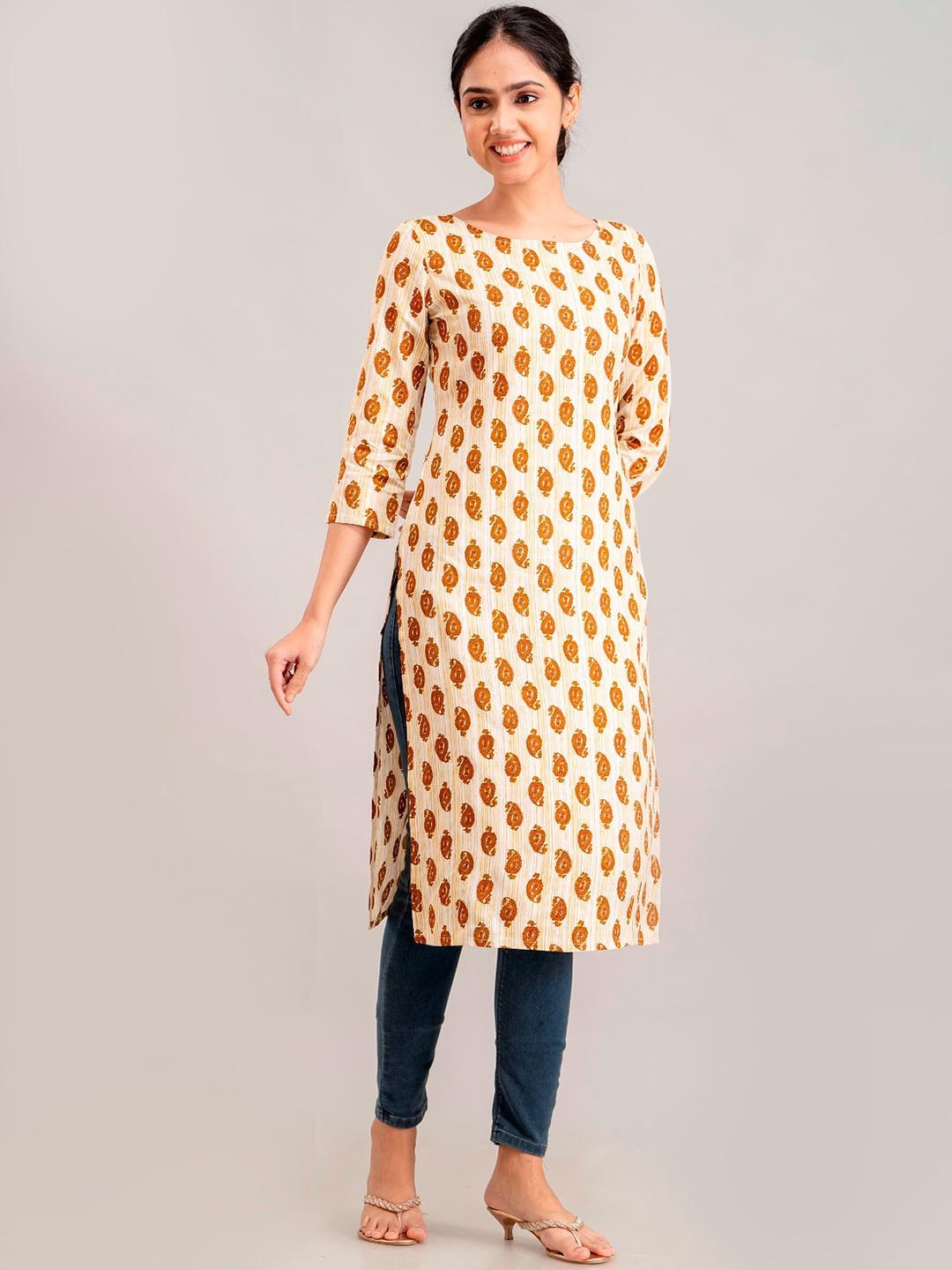 FCV Women Geometric Checked Flared Sleeves Gotta Patti Block Print Kurta