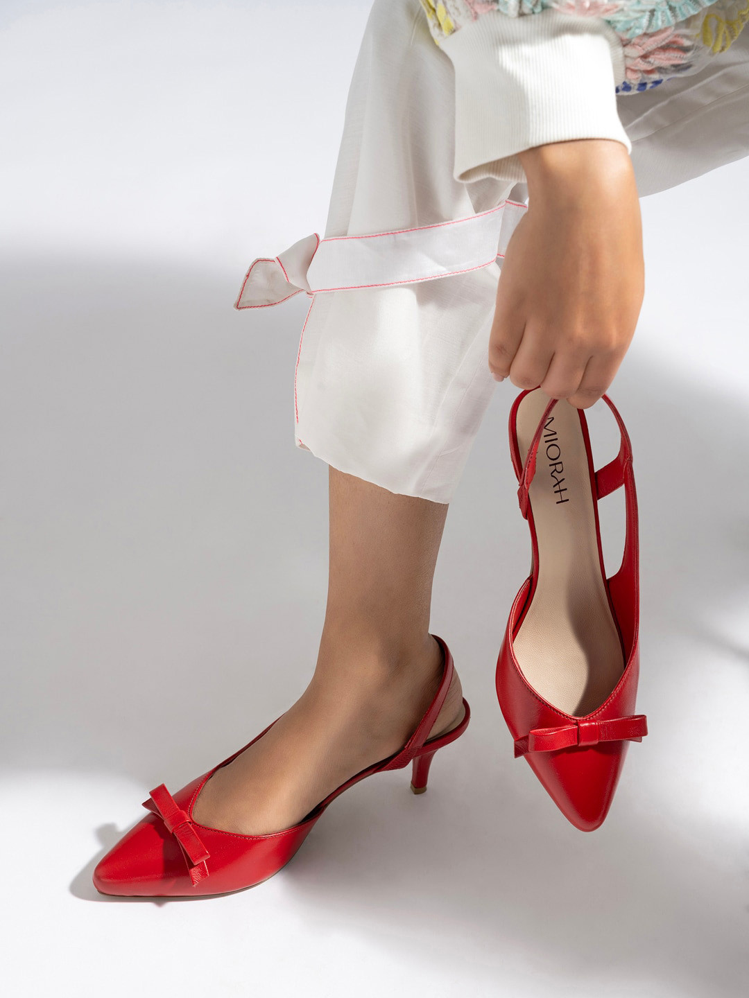 MIORAH Embellished Leather Pointed Toe Slingback Block Heeled Pumps