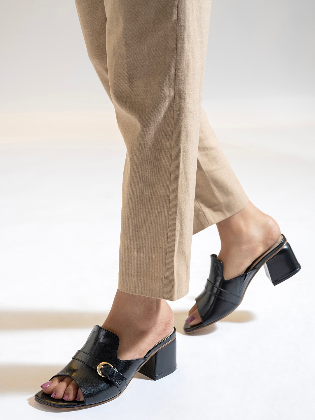 MIORAH Open Toe Leather Block Heeled Mules