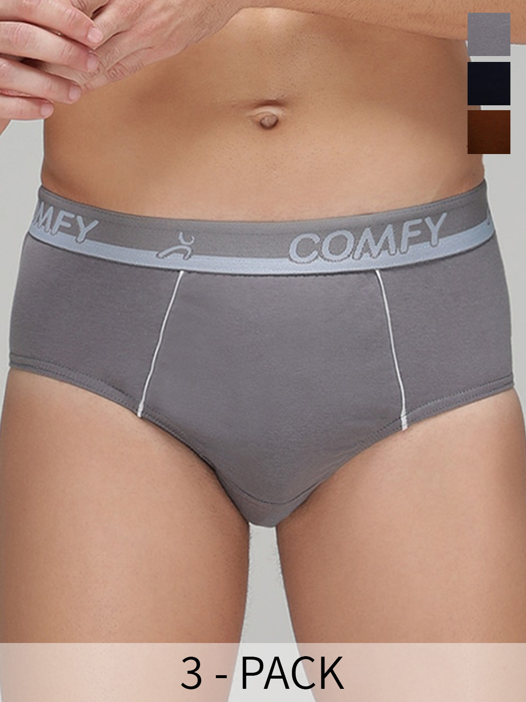 AMUL COMFY Men Pack Of 3 Pure Cotton Basic Briefs- AC-CBRIOE-NY-LBR-SGRY-S-3PC