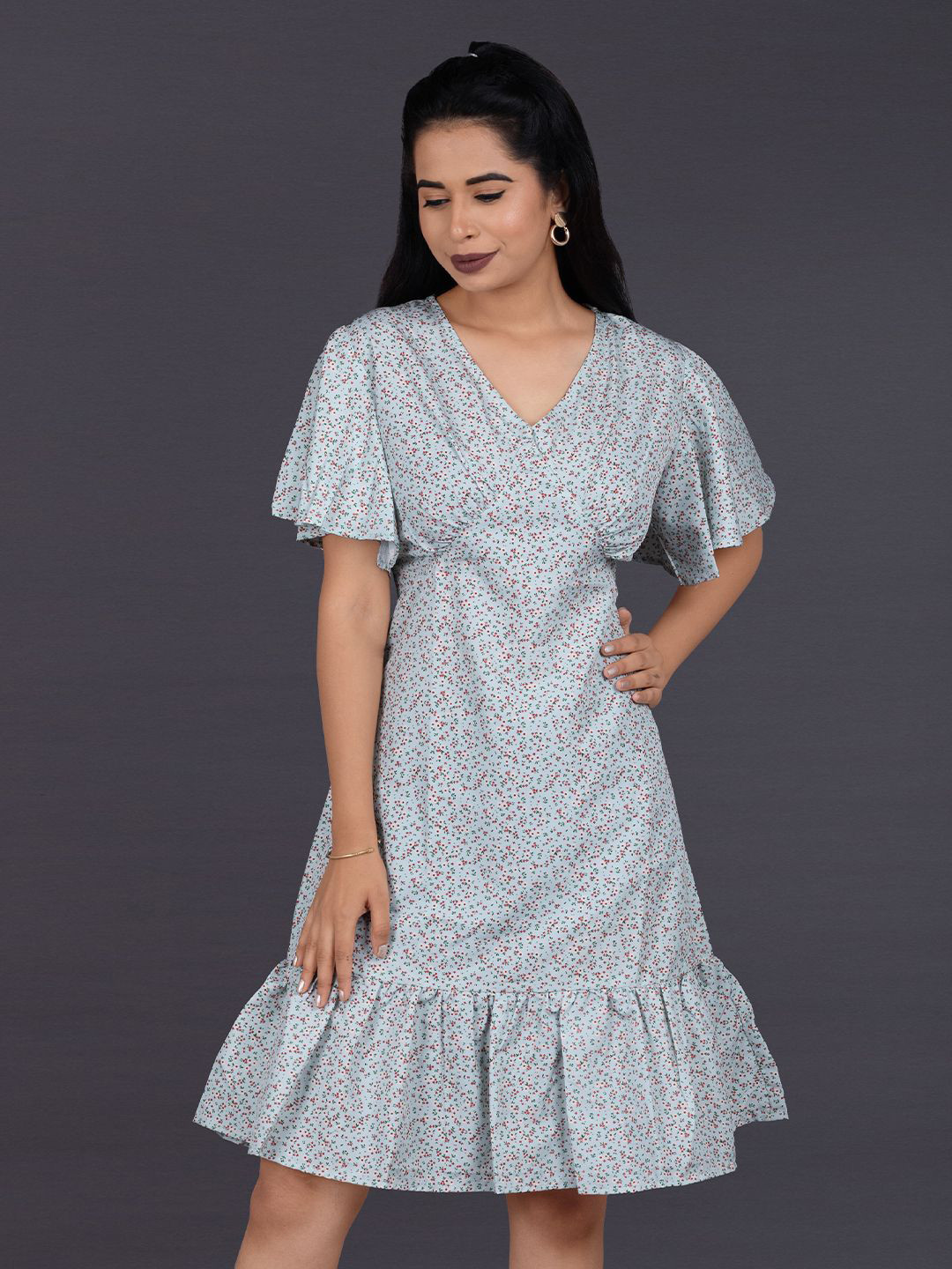 La Aimee V Neck Floral Printed Flared Sleeve Crepe Dress