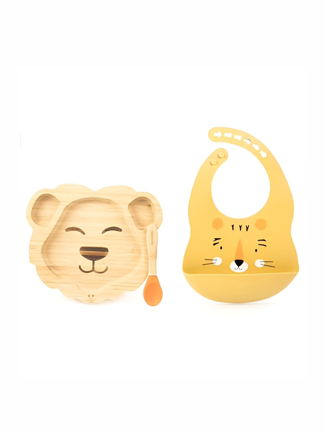 Starkiddo Kids Beige & Orange Coloured Leo Bamboo Multi Portion Plate With Spoon & Bib