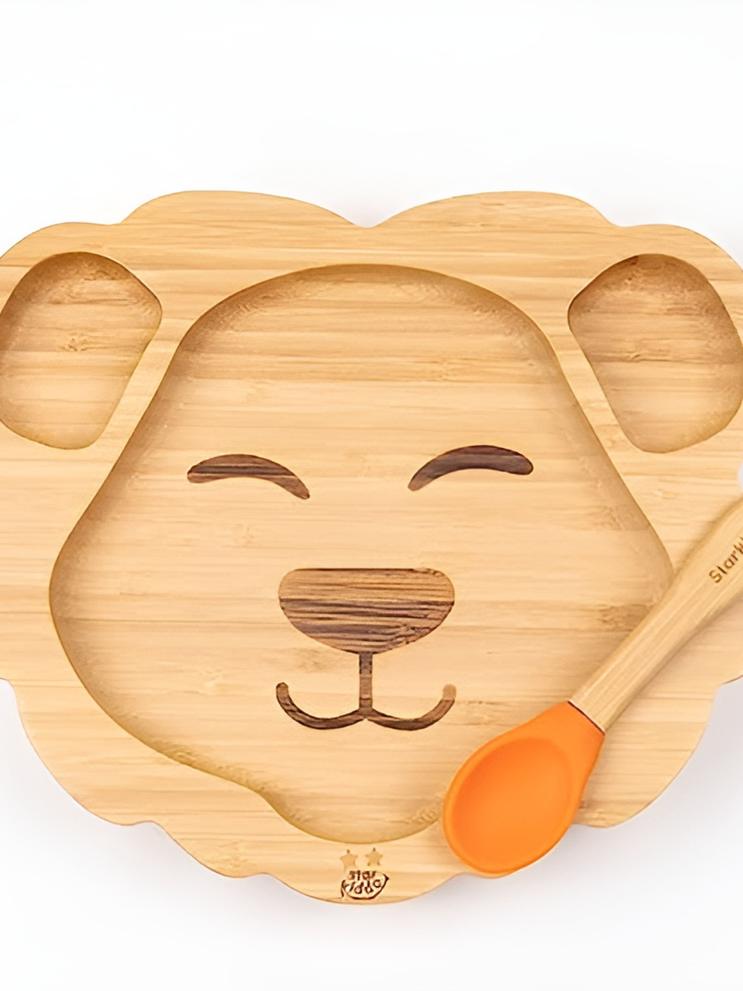 Starkiddo Kids Beige & Orange Coloured Leo Bamboo Multi Portion Plate With Spoon