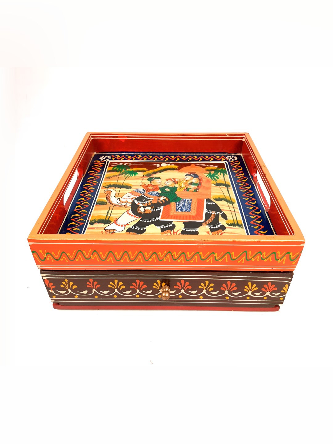 apka mart Orange & Blue Printed Wooden Serving Tray Cum Organizer