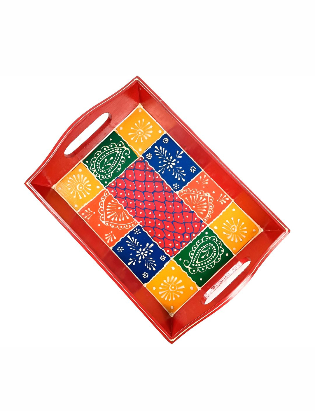 apka mart Red & Yellow Printed Rectangle Wooden Serving Tray