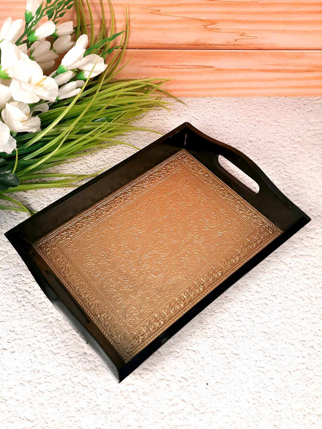 apka mart Black & Beige Textured Rectangle Wooden Serving Tray