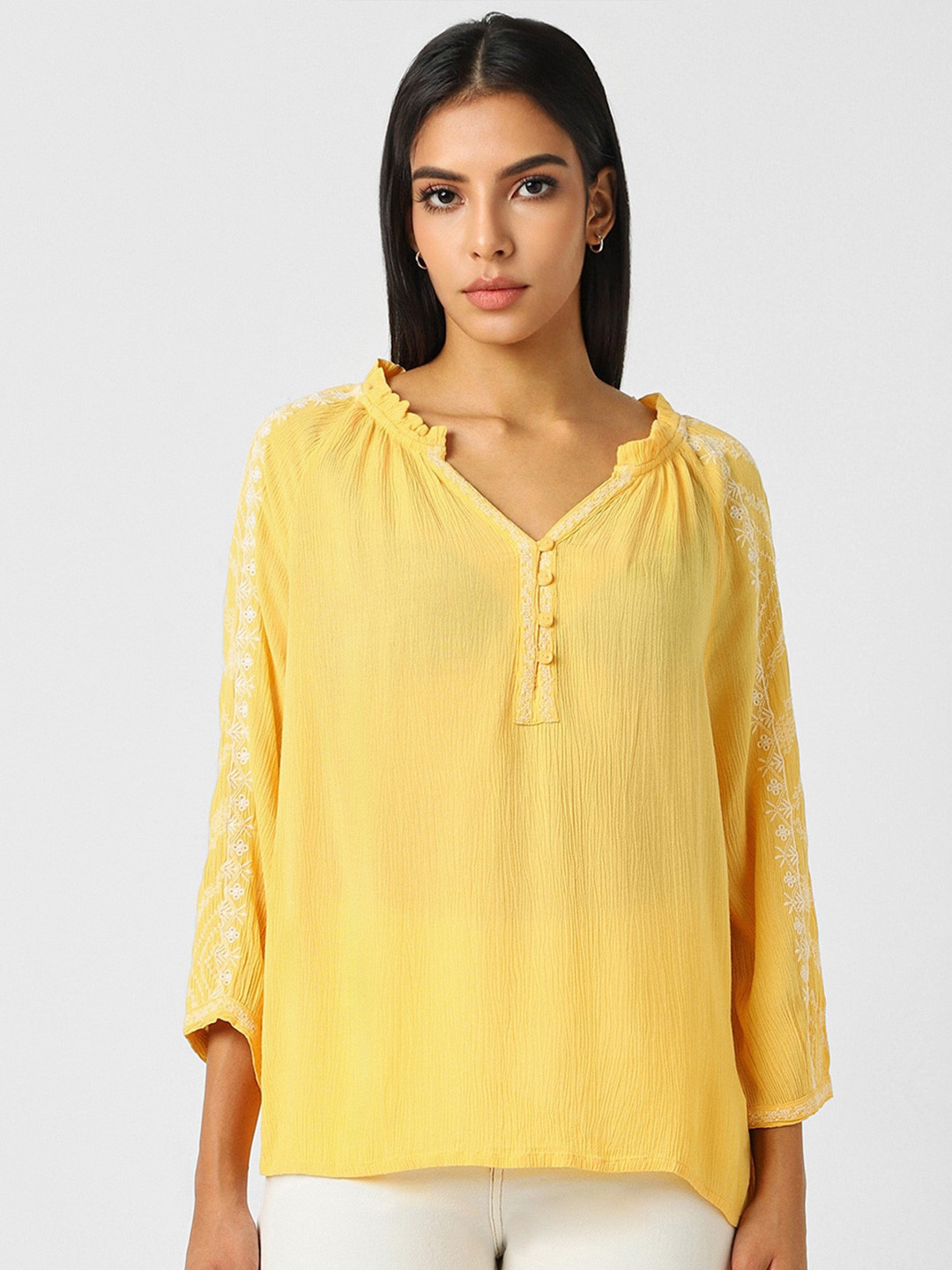 Van Heusen Woman Mandarin Collar Raglan Sleeves Embroidered Top