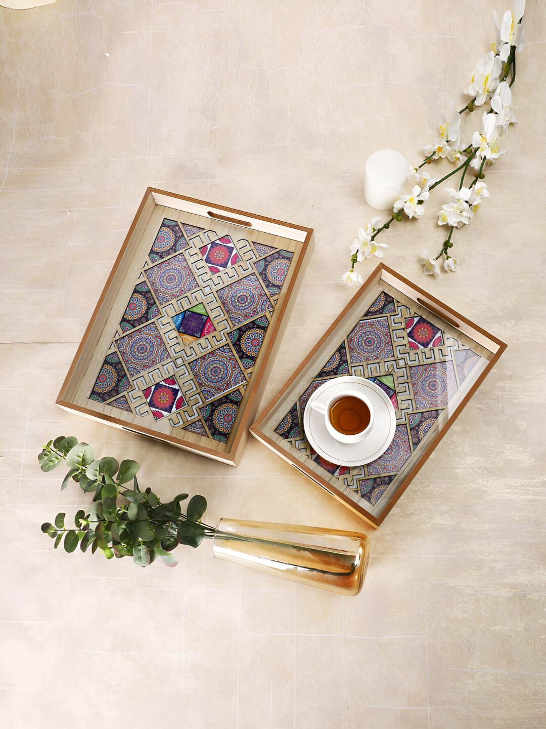 TAYHAA 2-Pcs Blue & Beige Printed Rectangle Wooden Serving Trays