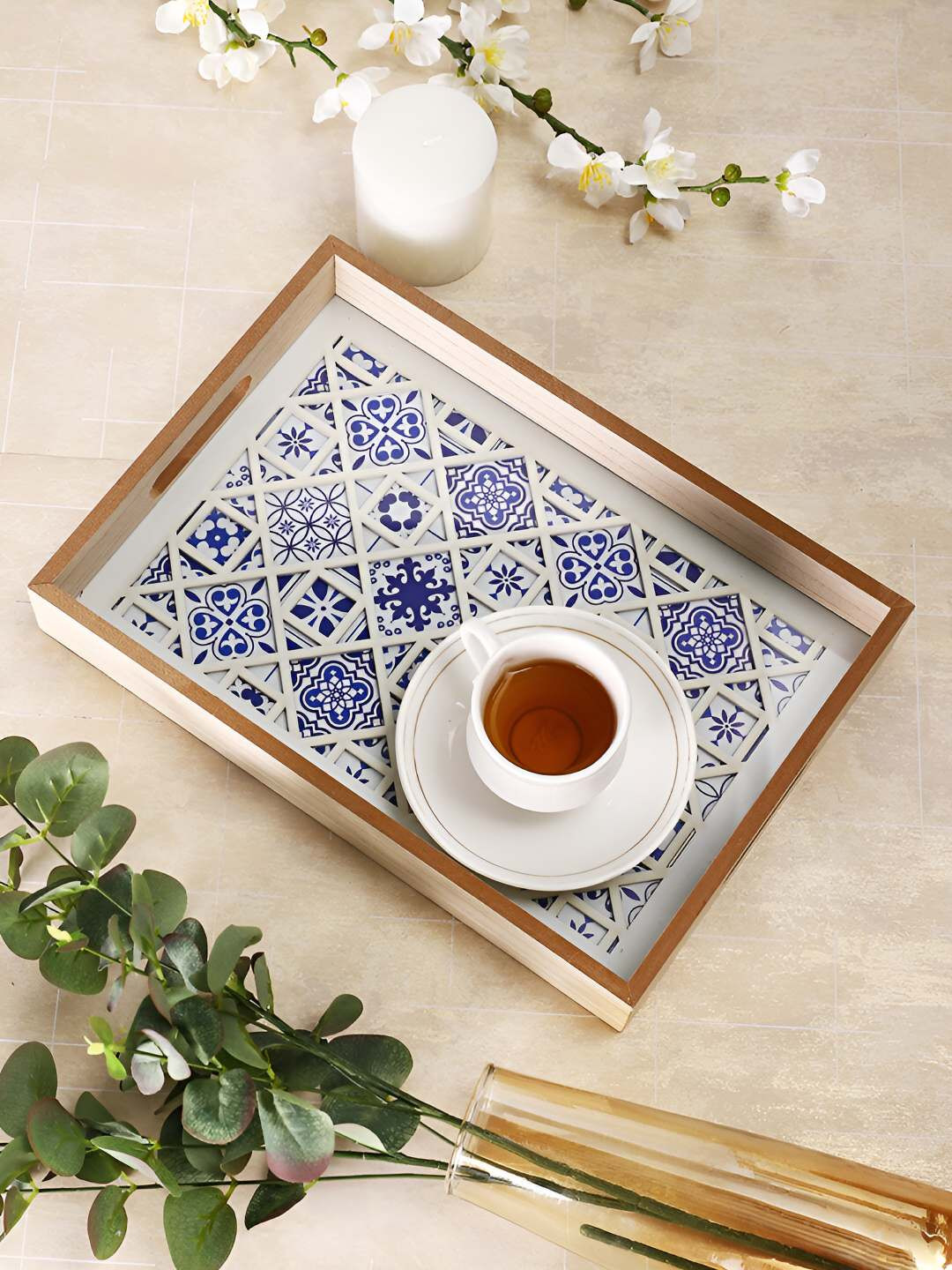 TAYHAA Blue & White Printed Rectangle Wooden Serving Tray