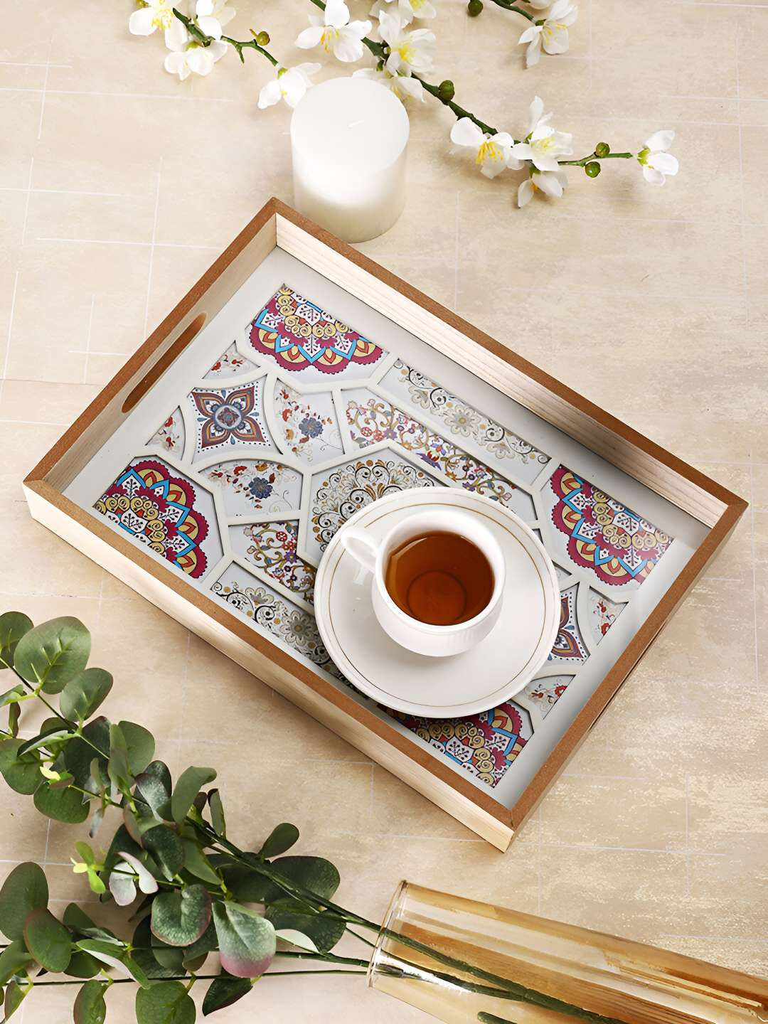TAYHAA Blue & Beige Beautiful Encaustic Printed Wooden Glass Tray