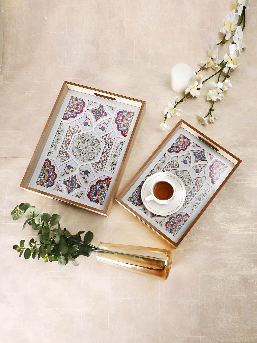TAYHAA 2-Pcs Blue & Beige Printed Rectangle Wooden Serving Trays