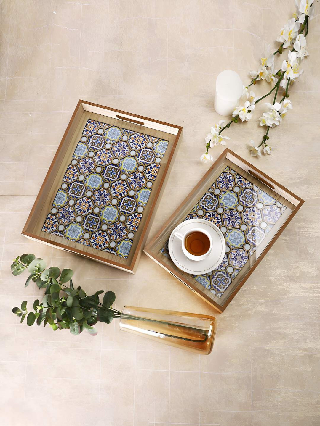 TAYHAA 2-Pcs Blue & Beige Printed Rectangle Wooden Serving Trays