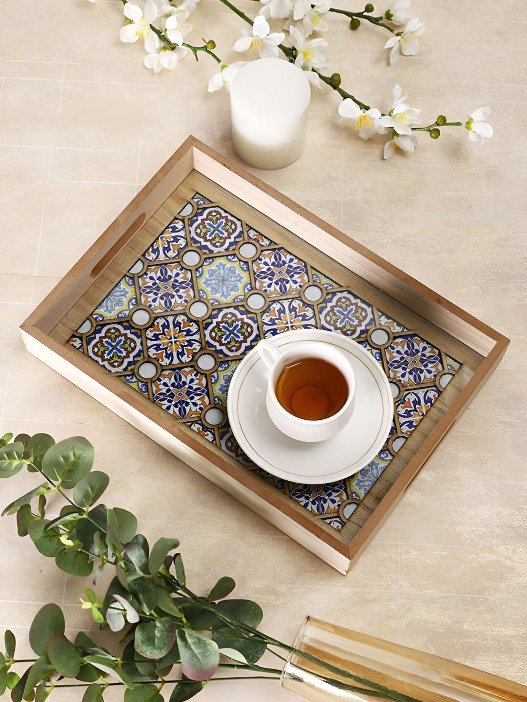 TAYHAA Blue Wooden & Glass Serving Tray