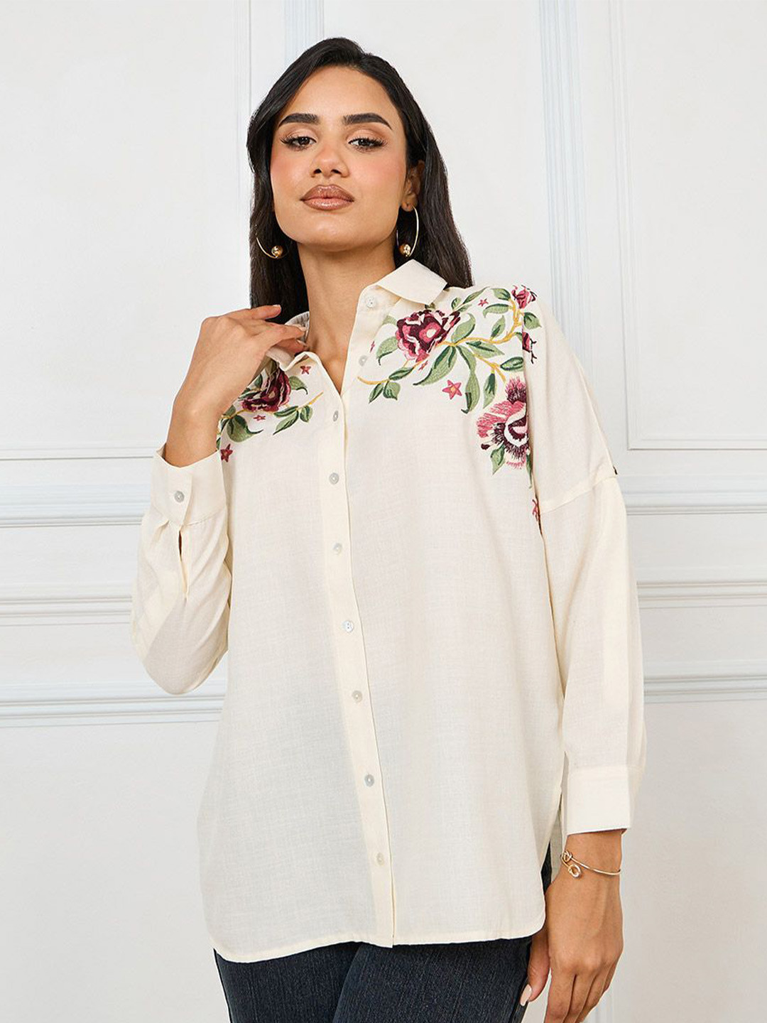 Styli Off White Oversized Embroidered Roll-Up Sleeves Cotton Casual Shirt